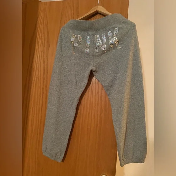 Victorias Secret Gray Cropped Jogger sweatpants w/Sequin on front and back - Picture 2 of 5